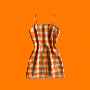 90's vintage orange white and green plaid spaghetti strap bodycon mini dress SMALL xoxo