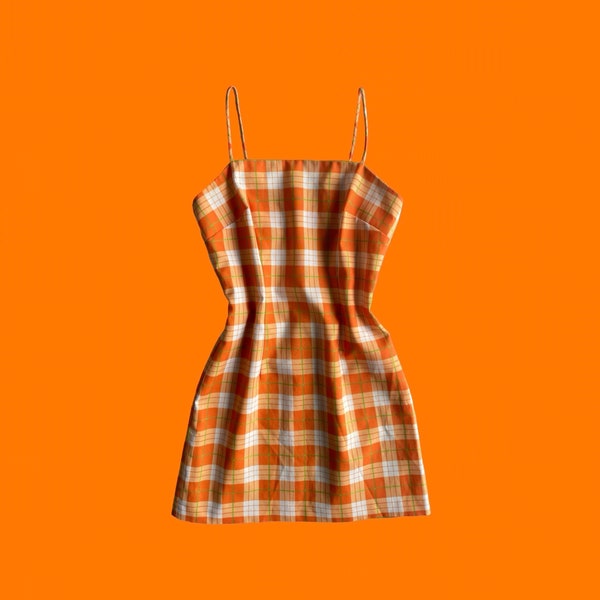 90's vintage orange white and green plaid spaghetti strap bodycon mini dress SMALL xoxo