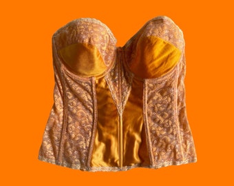 80's vintage tangerine orange silky satin 100% synthetic floral lace bustier corset 38C carnival