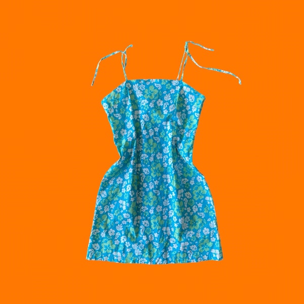 90's vintage blue green and white tropical hawaiian floral print spaghetti strap bodycon mini dress MEDIUM rave city