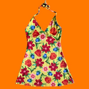 90&#39;s 00&#39;s vintage yellow floral print y2k halter mini dress LARGE ujena **runs small**