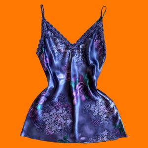 90&#39;s vintage purple satin floral print lace trim rosette lingerie mini slip dress SMALL California dynasty