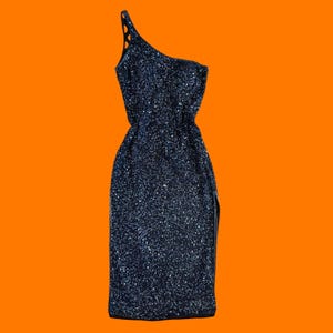 90&#39;s 00&#39;s vintage blue sequins beaded 100% silk one shoulder open back y2k evening dress prom dress formal dress LARGE Scala