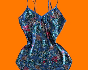 90's vintage blue satin paisley lingerie slip dress M/L Kathryn