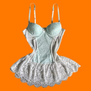 90's 00's vintage sheer white mesh aqua blue open back lace y2k bustier babydoll mini slip dress MEDIUM cinema etoile