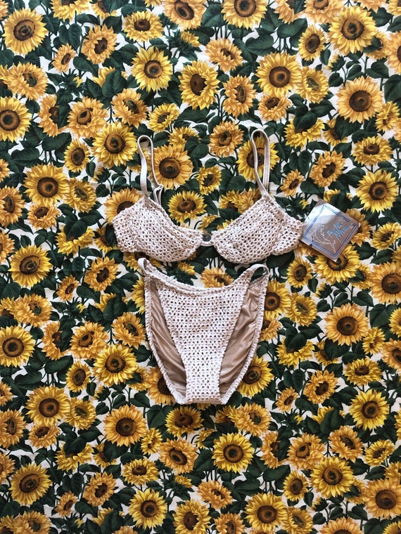 90's vintage crochet knit hi cut high leg two piec