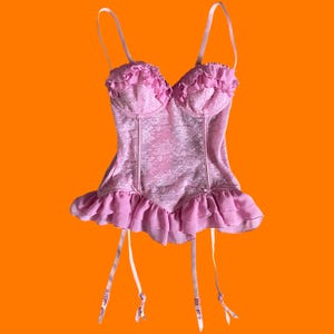 00&#39;s vintage baby pink sheer floral lace ruffled chiffon y2k bustier corset with garters XS SMALL