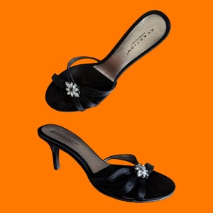90&#39;s 00&#39;s vintage black satin strappy y2k studded rhinestone open toe kitten heels coquette soft girl Size 8.5 reaction by Kenneth Cole