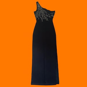 90&#39;s vintage black slinky glittery flame one shoulder high slit bodycon maxi dress SMALL MEDIUM per seption
