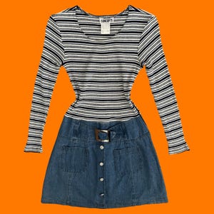 90&#39;s vintage blue and white striped long sleeve knit drop waist denim bodycon mini dress Size 7 California concepts