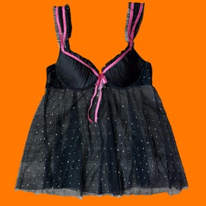 00's vintage glittery mesh sheer satin fairy mcbling hot girl y2k bustier babydoll lingerie tank top SMALL