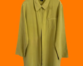 Blusa túnica larga minimalista de seda 100% chartreuse estilo años 90 con cuello, talla 14.