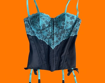 00's vintage turquoise lace black satin lingerie y2k corset bustier with garters 36B Victoria's Secret