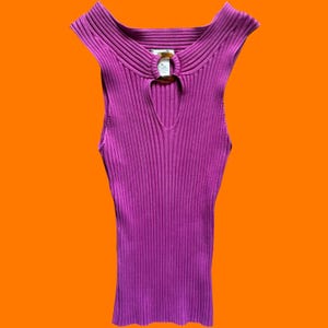 00&#39;s vintage fuchsia silk spandex ribbed high neck keyhole sleeveless bodycon y2k top blouse tank top MEDIUM cache **runs small**