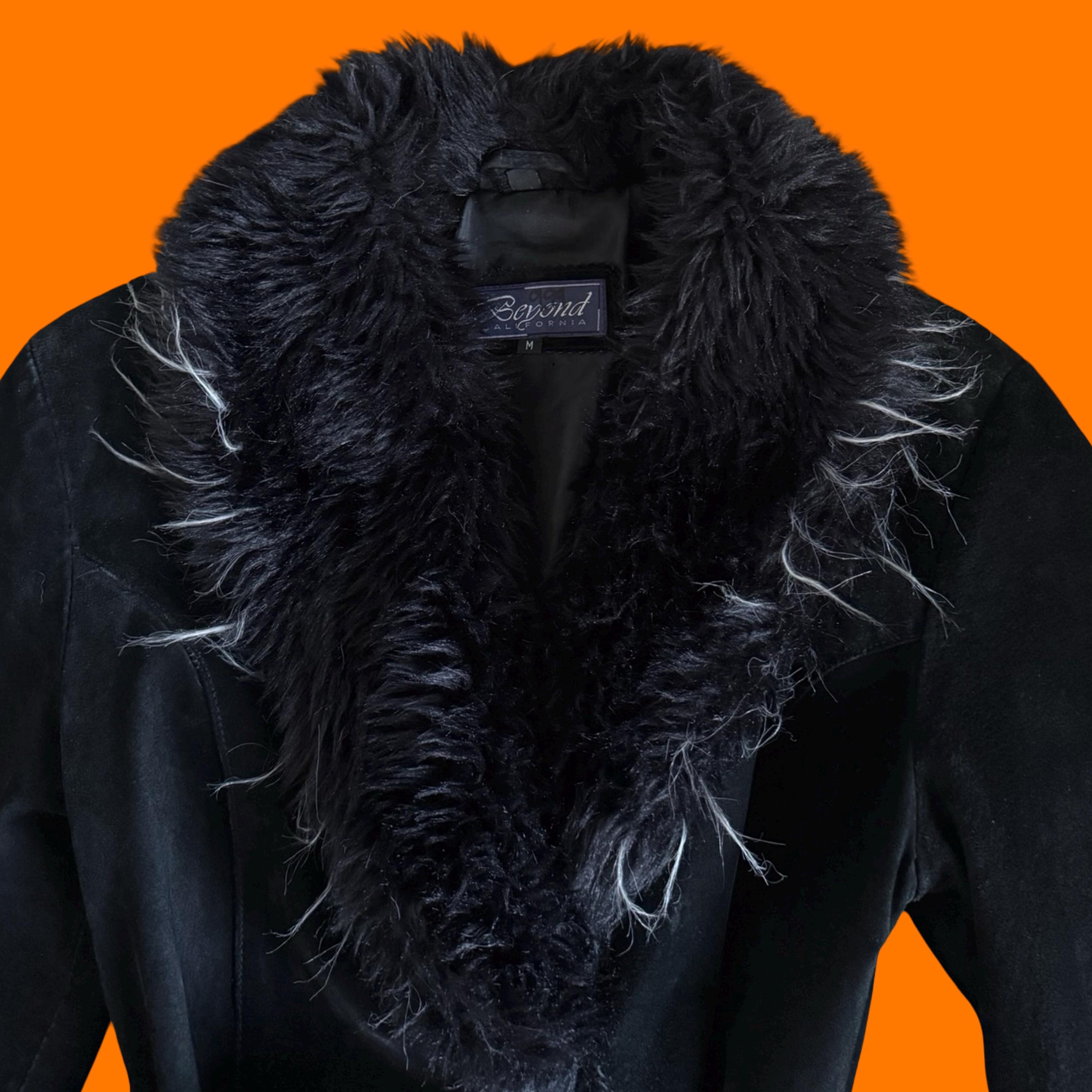 90's Vintage Black Suede 100% Leather Fuzzy Faux Fur Penny Lane