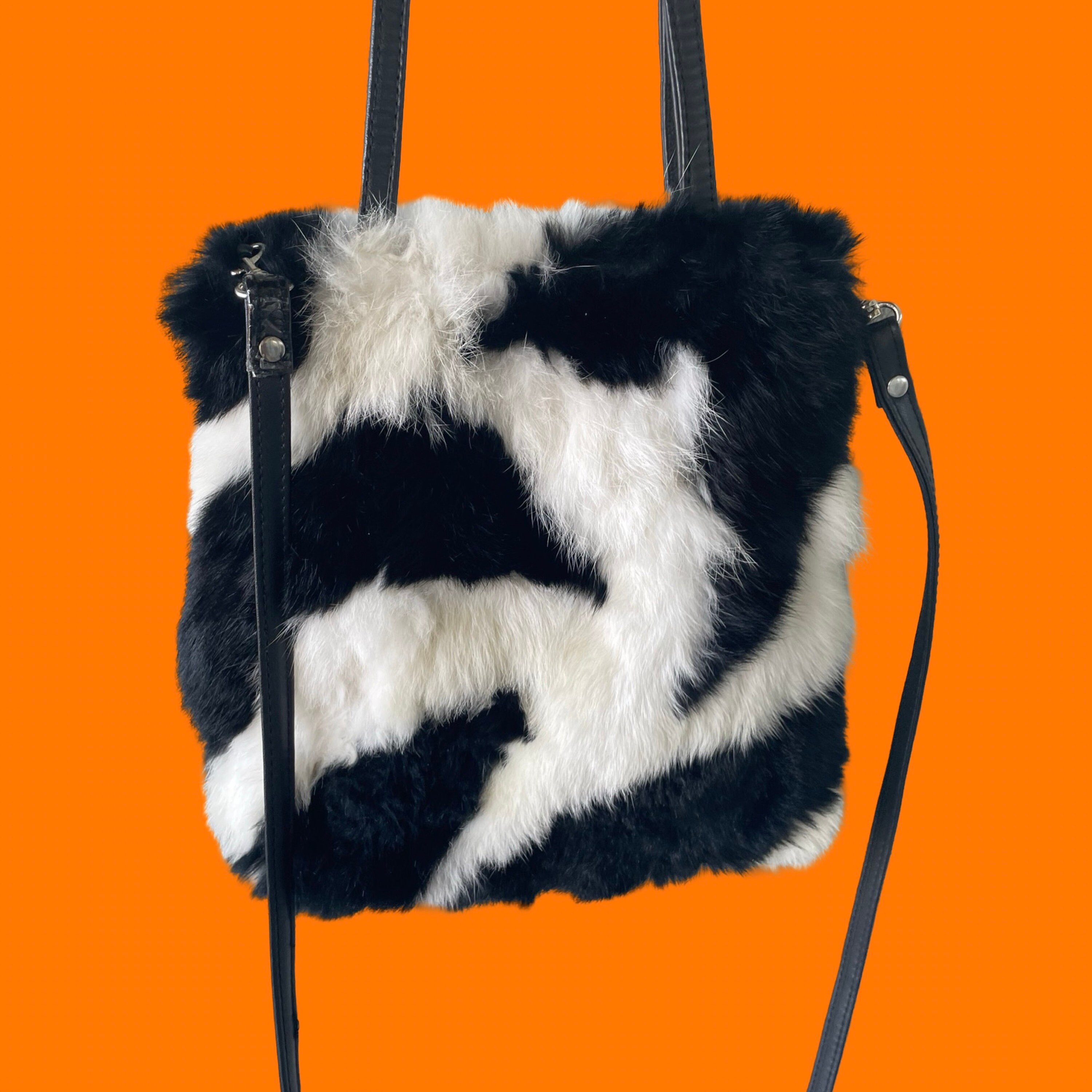 90's 00's Vintage Black and White 100% Rabbit Fur Furry Plush Y2k