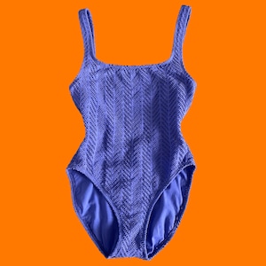 90&#39;s vintage purple crochet knit open back hi cut high leg one piece swimsuit bathing suit Size 10 Catalina