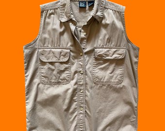 Blusa sin mangas de algodón 100%, estilo vintage de los 90, con estampado tierra y estilo minimalista. Talla pequeña. Edición básica.