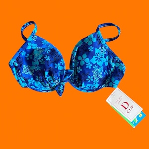 90&#39;s vintage blue tropical floral print bowtie underwire bikini top LARGE d cup *deadstock* california waves