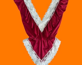 70's 80's vintage romantic ruffled lace teddy hi cut lingerie one piece SMALL