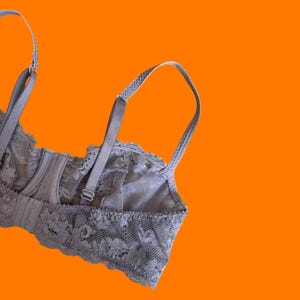 May include: A gray lace bra with adjustable straps and a hook-and-eye closure. The bra features intricate floral lace detailing and is set against a bright orange background. The straps are thin and adjustable.