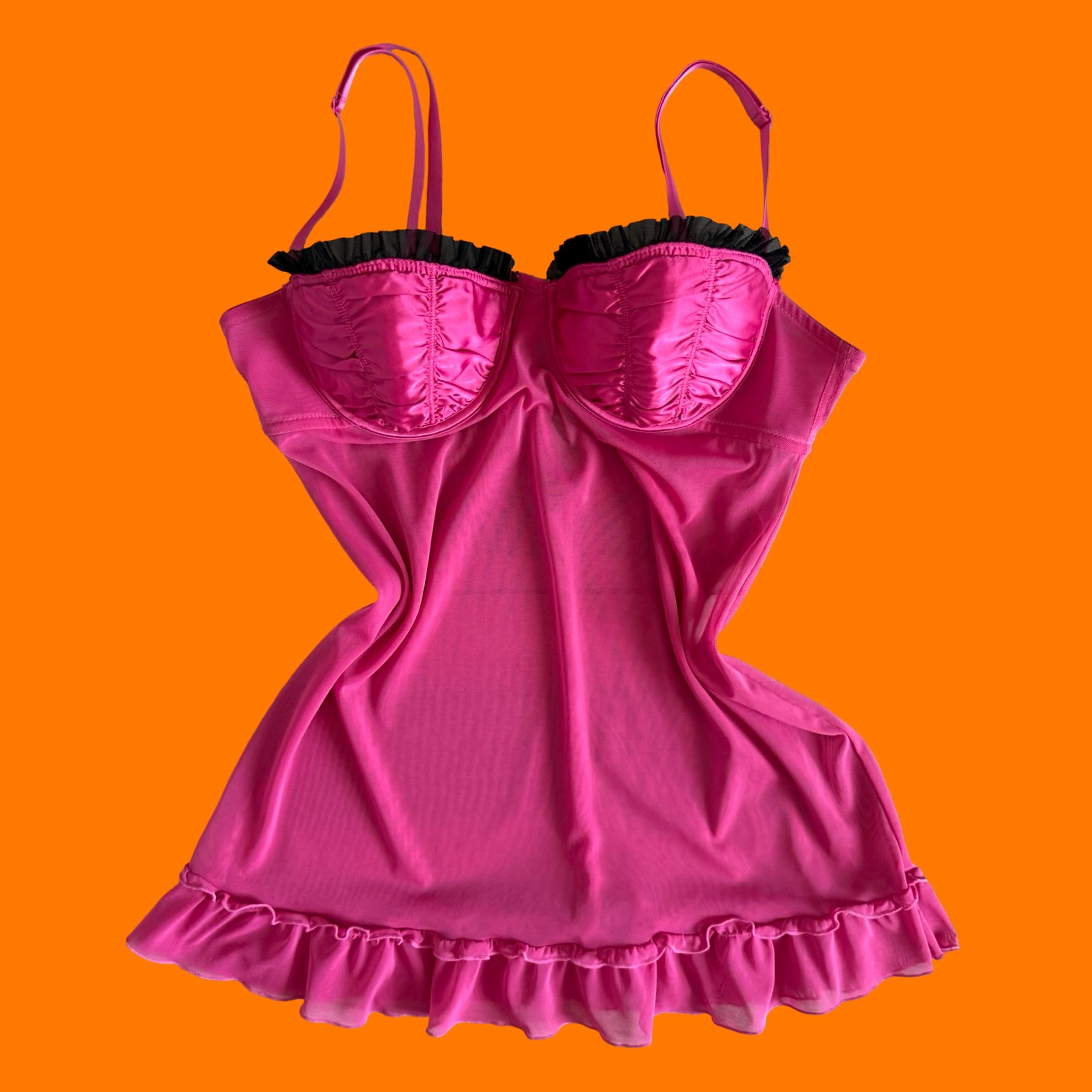 little pink dress lingerie 00's vintage hot pink satin mesh mcbling babydoll y2k lingerie bustier slip  L