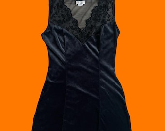 90&#39;s vintage black velvet floral sheer mesh bodycon mini slip dress SMALL MEDIUM cinema etoile