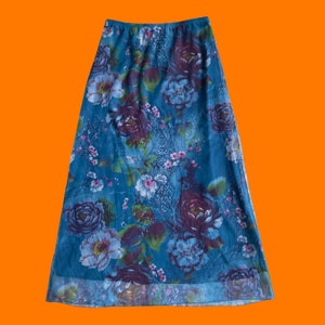 90's vintage blue mesh digital floral photo print maxi skirt MEDIUM zdjęcie 2