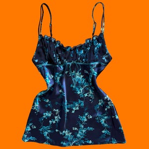 00&#39;s vintage navy blue silky satin 100% polyester floral print chiffon milkmaid spaghetti strap y2k mini slip dress LARGE je t&#39;adore