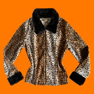 90&#39;s vintage leopard print faux fur plush lightweight jacket MEDIUM LARGE minerva usa