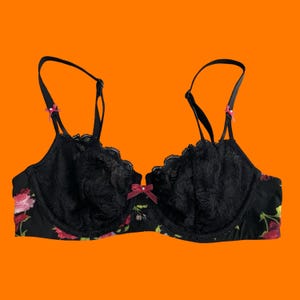 00&#39;s vintage black sheer lace pink floral soft girl coquette unlined demi bra 34B victoria&#39;s secret