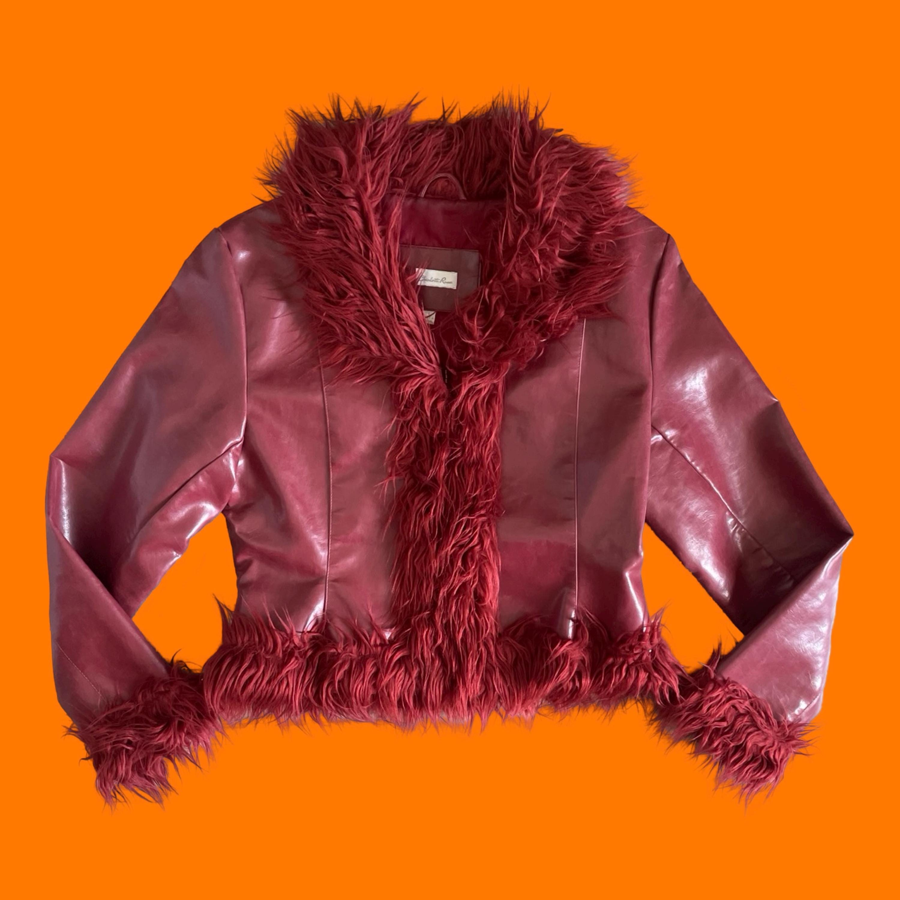 90's 00's Vintage Red Faux Leather Fuzzy Penny Lane Y2k Jacket