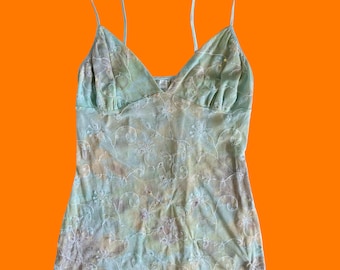 00's vintage green floral mesh boho fairy y2k lingerie tank top XL
