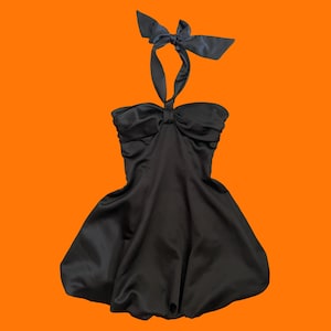 00&#39;s vintage black satin bubble hem halter formal evening dress prom dress Size 1/2 Morgan & co