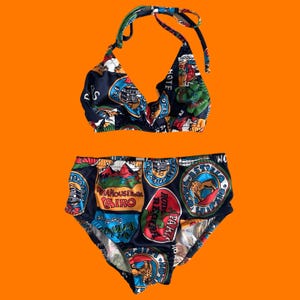 60&#39;s vintage european african city hotel destination novelty print low rise bikini XXS XS nan dorsey