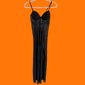 00&#39;s vintage sheer black chiffon floral lace embroidered ultra high slit y2k maxi slip dress SMALL