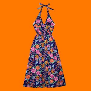 60&#39;s 70&#39;s vintage groovy dark purple floral butterfly print deep v halter open back maxi dress MEDIUM LARGE