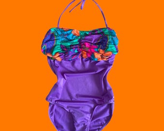 Traje de baño de una pieza vintage morado de los años 80 y 90, talla 10 *stock muerto*