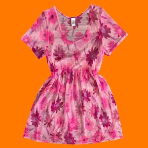 May include: A sheer pink dress with a floral pattern. The dress features a scoop neckline, short sleeves, and a gathered waist. The flowers are in shades of pink and purple.
