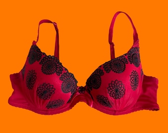 00's vintage red floral mesh padded y2k bra 36D felina lingerie