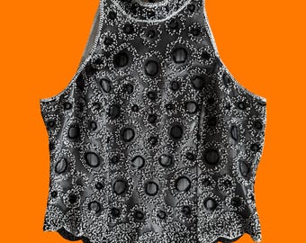 Top senza maniche, camicetta, canotta, vintage anni '90-'00, 100% seta, con perline, asimmetrico, collo alto, y2k, taglia MEDIA, papell boutique, sera