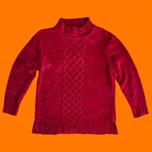 90&#39;s vintage red chenille cable knit mock neck long sleeve sweater MEDIUM PETITE yarn works