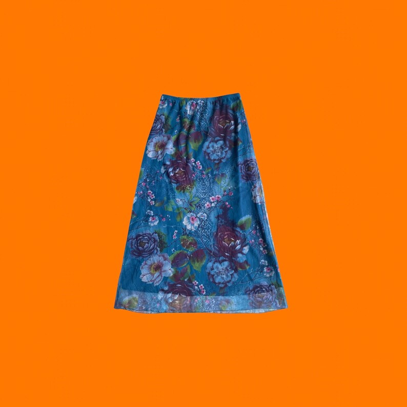 90's vintage blue mesh digital floral photo print maxi skirt MEDIUM zdjęcie 1