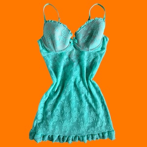 00&#39;s vintage turquoise sheer floral lace ruffled bustier push up y2k babydoll mini slip dress 36D Victoria&#39;s Secret
