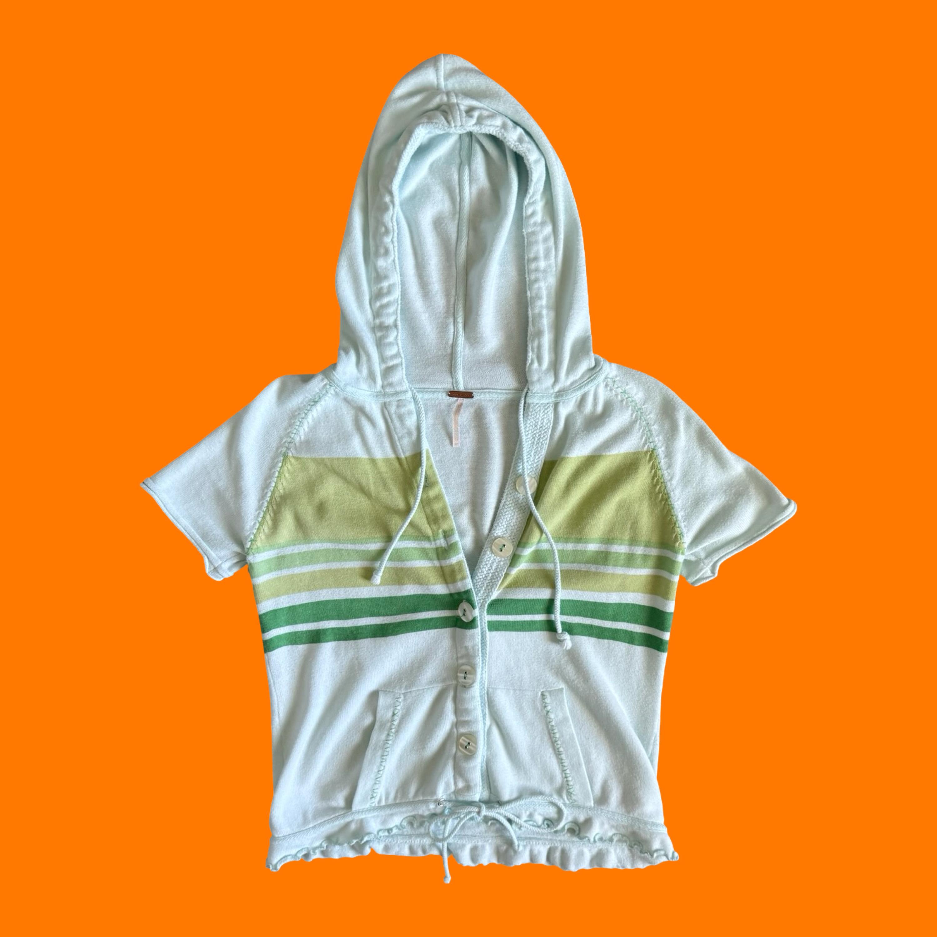 00's Vintage Blue and Green Striped 100% Cotton Hooded Knit Button