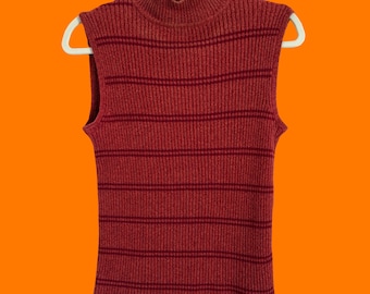 Vintage oranje gestreepte Y2K-tanktop van 100% katoen met opstaande kraag KLEIN