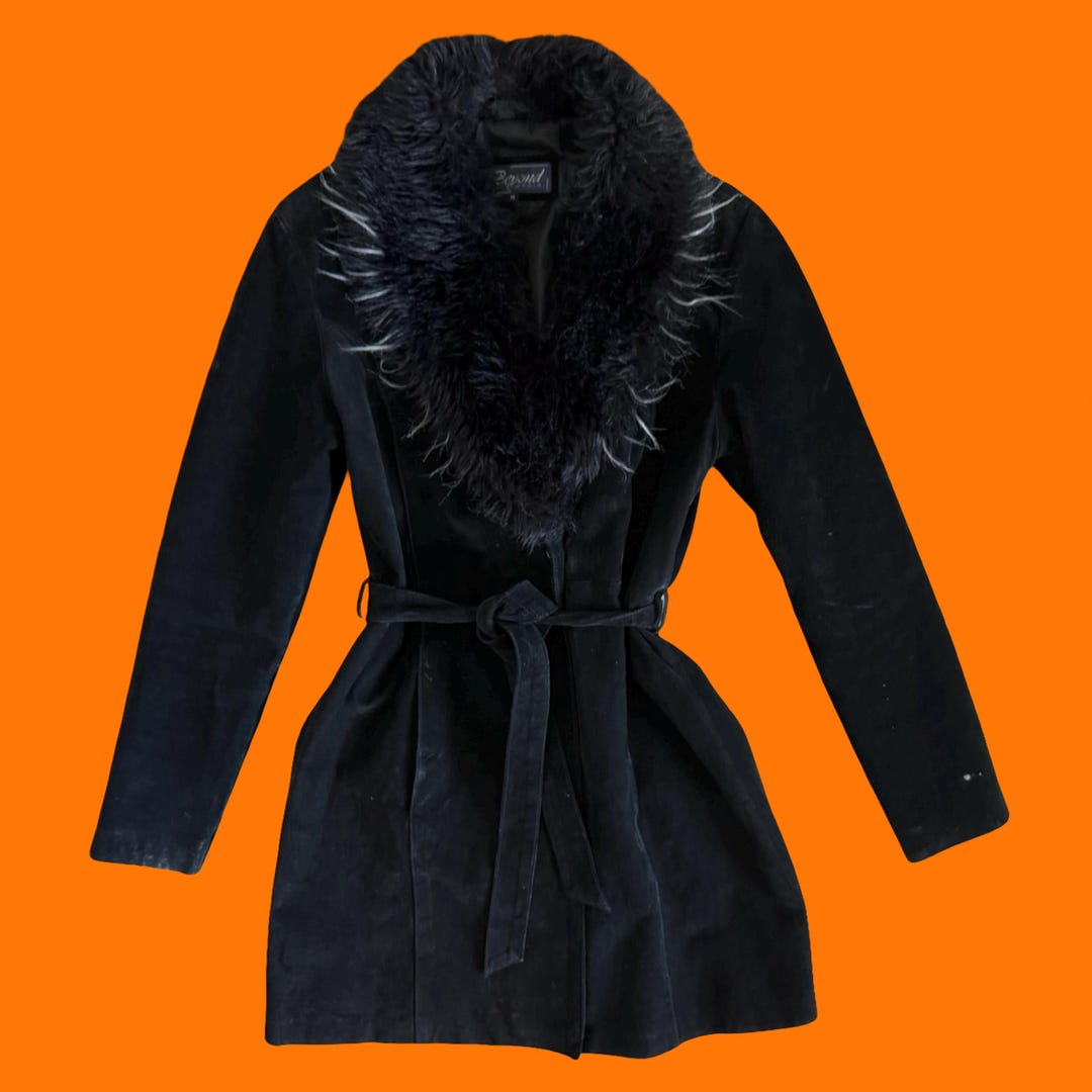 90's Vintage Black Suede 100% Leather Fuzzy Faux Fur Penny Lane