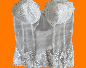 Corsetto bustier vintage anni 2000 bianco con ricami floreali Y2K, taglia 34B, Victoria's Secret