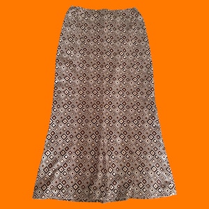 90&#39;s vintage brown velour groovy psychedelic abstract print high waisted maxi skirt MEDIUM LARGE