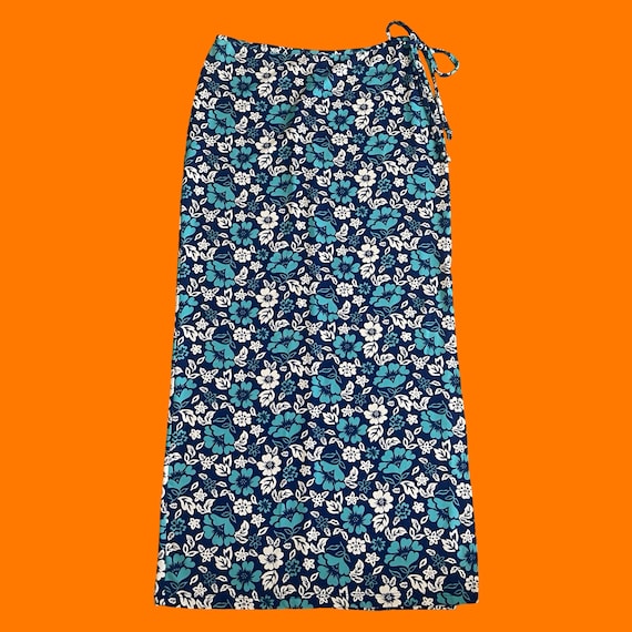 90's Vintage Blue Tropical Floral Print Faux Wrap Maxi Skirt LARGE